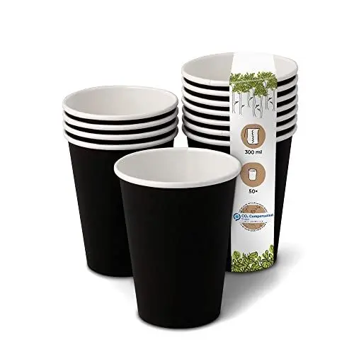 Produktbild: GREENBOX Bio Pappbecher I Einweggeschirr Trinkbecher Papierbecher kompostierbare und biologisch abbaubare Becher I schwarze, unbedruckte, umweltfreundliche Kaffeebecher 50 Stk 300ml 12oz