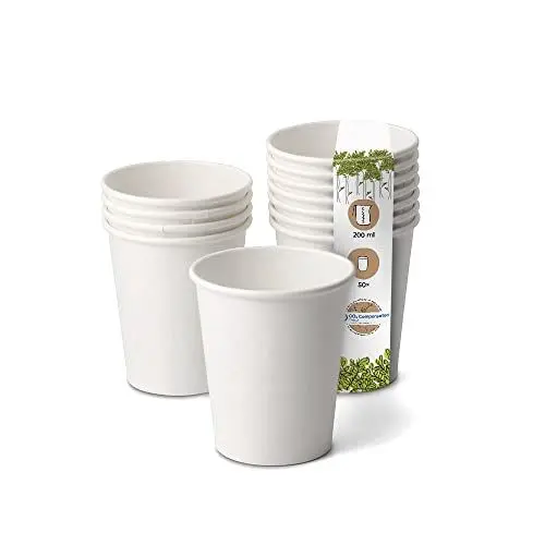 Produktbild: GREENBOX Bio Pappbecher I Einweggeschirr Trinkbecher Papierbecher kompostierbare und biologisch abbaubare Becher I weiße, unbedruckte, umweltfreundliche Kaffeebecher 50 Stück 200ml 8oz
