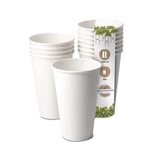 Produktbild: GREENBOX Bio Pappbecher I Einweggeschirr Trinkbecher Papierbecher kompostierbare und biologisch abbaubare Becher I weiße, unbedruckte, umweltfreundliche Kaffeebecher 50 Stück 400ml 16oz