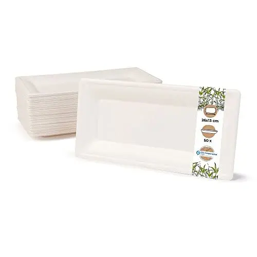 Produktbild: GREENBOX Einweggeschirr Zuckerrohr Einwegteller kompostierbar I 50 Stück Partyteller rechteckig 26 x 13 cm weiß I biologisch abbaubare Teller aus Zuckerrohr für Vorspeisen Häppchen Antipasti Steak