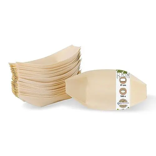 Produktbild: GREENBOX Holzschale Schiffchen aus Kiefernholz I Bio Einweggeschirr nachhaltig und kompostierbar I Snackschale für Fingerfood Currywurst Pommes Sushi I Servierschale kalte und warme Speisen 100 Stk