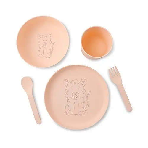 Produktbild: GREENBOX Kinder-Geschirrset 5tlg Biokunststoff I Frühstücksset spülmaschinengeeignet I Teller-Schüssel-Tasse-Löffel-Gabel I Geschenkideen für Kinder I lustiges Kindergeschirr mit Tiermotiv Tiger