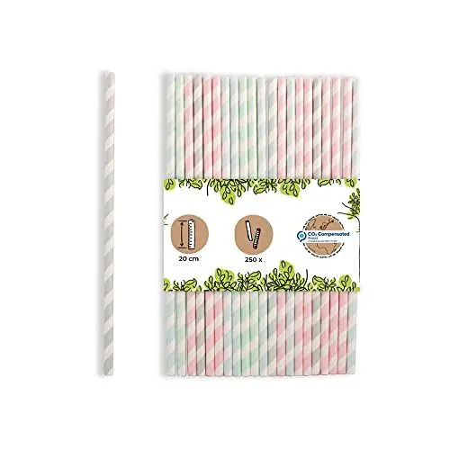 Produktbild: GREENBOX Papier-Strohhalme 20 cm pastell gestreift I Ø 0,6 cm I nachhaltige Strohhalme für Feste & Gastro I biologisch abbaubar & plastikfrei I aus recycelten Materialien I 250 Stück