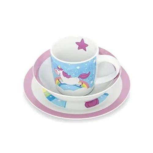 Produktbild: GREENBOX Porzellan Kinder-Geschirrset I Frühstücksset 3-teilig spülmaschinenfest I Tasse-Teller-Schüssel-Set mit Motiv I Geschenkideen für Kinder I lustiges Kindergeschirr mit Einhorn-Bild