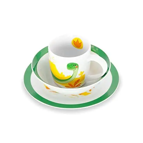 Produktbild: GREENBOX Porzellan Kinder-Geschirrset I Frühstücksset 3-teilig spülmaschinenfest I weißes Tasse-Teller-Schüssel-Set mit Motiv I Geschenkideen für Kinder I lustiges Kindergeschirr mit Dino-Bild