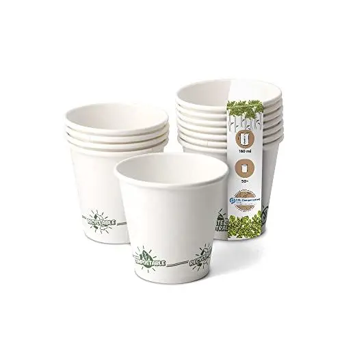 Produktbild: GREENBOX Recycelbare Pappbecher Kaffee weiß mit EcoUp© Icon und PLA Beschichtung I 50 Coffee To go Einwegbecher biologisch abbaubar 180 ml 7,5 oz I Kaffeebecher Trinkbecher Einmalbecher