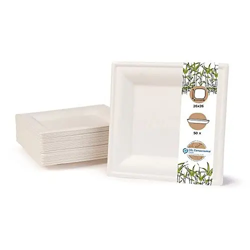 Produktbild: GREENBOX Umweltverträgliches Bagasse Geschirr Einweg | 50 Stück Zuckerrohr Teller weiß eckig gebleicht 26x26 cm | Bio Einweggeschirr Speiseteller Einwegteller Partyteller Einmalgeschirr