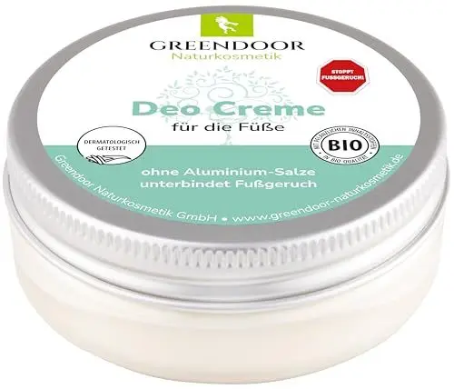 Produktbild: GREENDOOR Fussdeo 50ml gegen Fussgeruch, Fuss Deo vegan, Deodorant ohne Aluminium, nie mehr Fuß-Geruch, natürlich ohne Tierversuche, Naturkosmetik Bio Babassu, Natur Deocreme Cremedeo