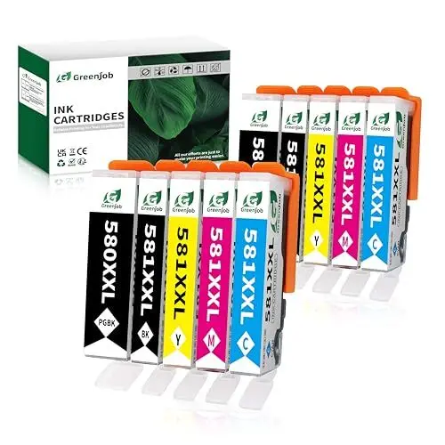 Produktbild: Greenjob 580XXL 581XXL Tintenpatronen für Canon 580 581 Multipack XXL Kompatibel mit Canon Pixma TS6150 TS705 TR7550 TS8150 TS8250 TS8251 TR8500 TR8550 (PGBK Schwarz Cyan Magenta Gelb, 10er-Pack)