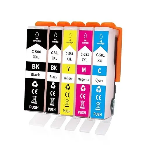 Produktbild: Greenjob 580XXL 581XXL Tintenpatronen für Canon 580 581 Multipack XXL Kompatibel mit Canon Pixma TS6150 TS705 TR7550 TS8150 TS8250 TS8251 TR8500 TR8550 (PGBK Schwarz Cyan Magenta Gelb, 5er-Pack)