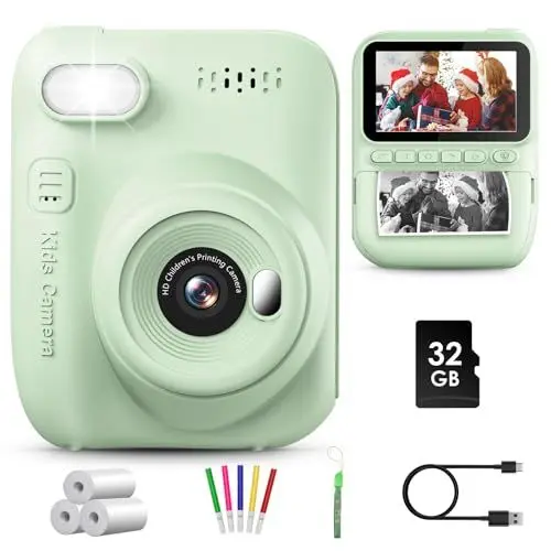 Produktbild: GREENKINDER Sofortbildkamera Kinder,14MP 3.0 Zoll Bildschirm Kinderkamera Sofortbildkamera mit 32G Karte,Druckpapier & Farbigen Stiften,1080P Kamera Kinder Sofortdruck, 3-12 Jahren