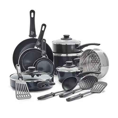 Produktbild: GreenLife Soft Grip Gesunde keramische Antihaftbeschichtung, 16 teiliges Kochgeschirr Set mit Bratpfanne, Stielkasserolle und Kochtopf, PFAS-frei, spülmaschinenfest, Backofenfest, Schwarz