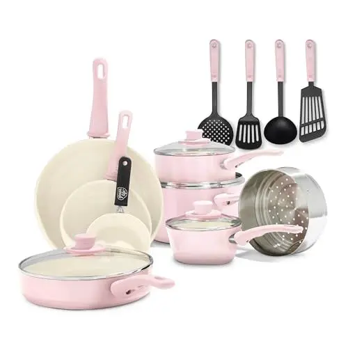 Produktbild: GreenLife Soft Grip Gesunde keramische Antihaftbeschichtung, 16 teiliges Kochgeschirr Set mit Bratpfanne, Stielkasserolle und Kochtopf, PFAS-frei, spülmaschinenfest, Backofenfest, Pink