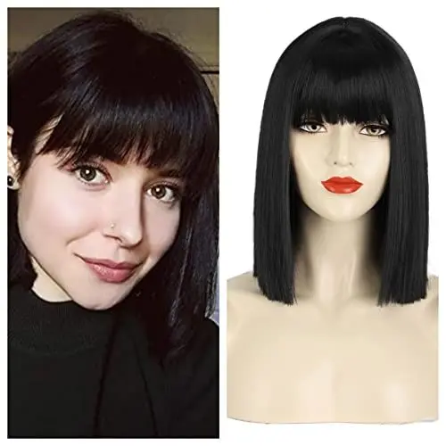 Produktbild: Greenmirr Short Glatte schwarze BOB Perücken mit Pony Hitzebeständiges Kunsthaar 12in (Solid Black)