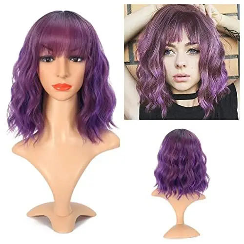 Produktbild: Greenmirr Short Ombre Lila BOB Wellige Perücken mit Pony Braune Root Hitzebeständiges Kunsthaar 12in (Ombre Purple)
