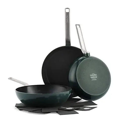 Produktbild: GreenPan Evolution Bratpfannen- und Wok-Set, 3-teilig, Hartanodisierte hochwertige gesunde keramische Antihaftbeschichtung, PFAS-frei, induktionsgeeignet, spülmaschinenfest, backofenfest, Tannengrün
