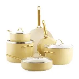 Produktbild: GreenPan Reserve Harteloxiertes Gesundes Keramische Antihaft-Kochgeschirr Set,10 Teile,Inklusive Bratpfannen Sautierpfanne und Kochtopf,Goldgriff,PFAS-frei,Induktion,Backofenfest,Sonnenschein Gelb