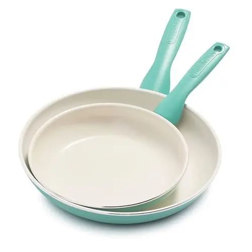 Produktbild: GreenPan Rio Gesundes, Antihaft-Keramik Bratpfannen-Set 2-teilig, 20 cm & 26cm, PFAS-frei, Stay-Cool-Griff, Backofenfest bis 160°C, Spülmaschinenfest, Türkis & Crème