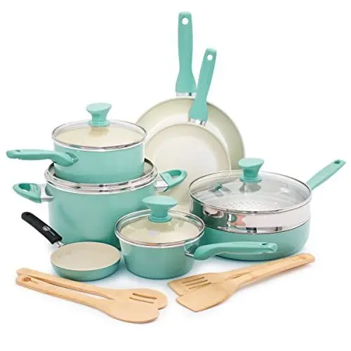 Produktbild: GreenPan Rio Gesundes Keramisches Antihaft-geschütztes 16-teiliges Topf- und Pfannenset mit Bratpfannen, Kochtöpfen, PFAS-frei, Stay-Cool-Griff, Backofenfest bis 160°C,Spülmaschinenfest,Türkis & Crème