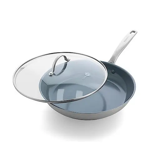 Produktbild: GreenPan Treviso Edelstahl Gesunde Antihaftbeschichtung aus Keramik Bratpfannen mit Deckel, 30cm, PFAS-frei, Induktion, backofenfest, spülmaschinenfest, Silber