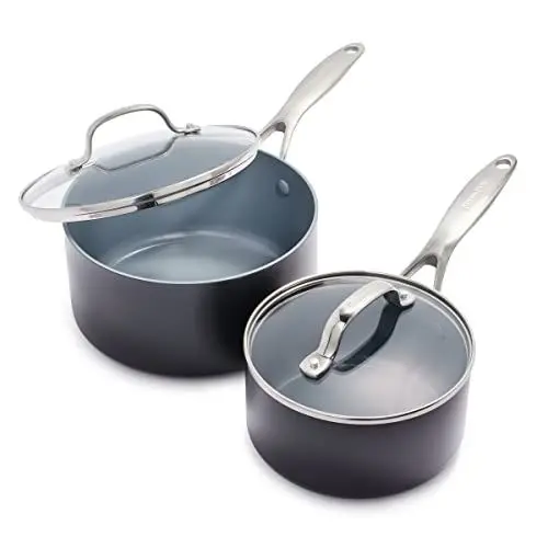 Produktbild: GreenPan Valencia Pro Harteloxierte Gesunde Keramik Antihaft 16cm & 20cm Kochtopf Set, 2 Stück Set, PFAS-frei, Induktion, Spülmaschinenfest, Backofenfest, Grau