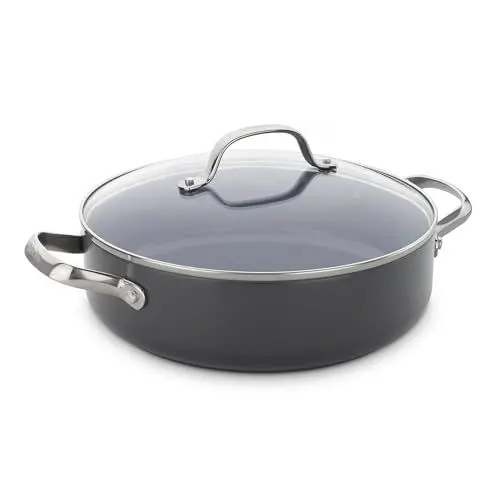 Produktbild: GreenPan Valencia Pro Harteloxierte Gesunde Keramik Antihaft 26 cm/3,6 Liter Bratpfanne mit Deckel und Seitengriffen, PFAS-frei, Induktion, spülmaschinenfest, backofenfest, Grau
