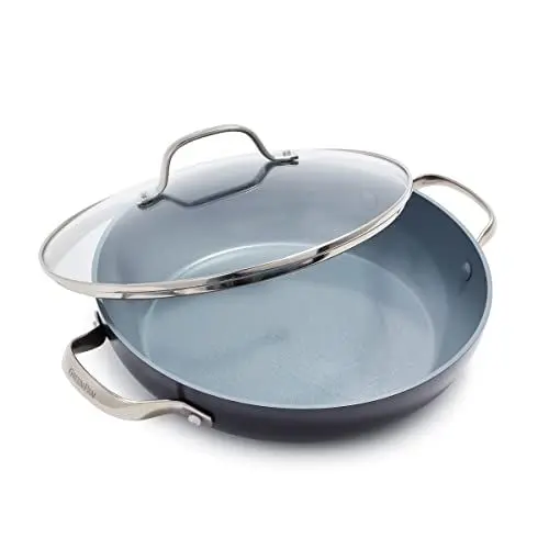 Produktbild: GreenPan Valencia Pro Harteloxierte Gesunde Keramik Antihaft 30 cm/4,8 Liter Schmorpfanne mit Deckel und seitlichen Griffen, PFAS-frei, Induktion, spülmaschinenfest, backofenfest, grau