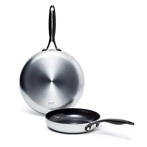 Produktbild: GreenPan Venice Pro Noir 26cm & 30cm Bratpfannen-Set, 3-lagiger Edelstahl, gesunde Keramik-Antihaftbeschichtung, Mattschwarzer Griff, PFAS-frei, Induktion, Spülmaschinengeeignet, Backofenfest, Silber