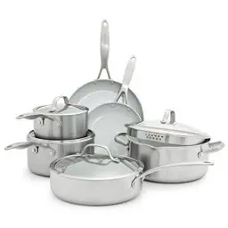 Produktbild: GreenPan Venice Pro Tri-Ply 10-teiliges Kochgeschirr Töpfe & Pfannen Set, Gesundes Antihaft-Kochgeschirr aus Edelstahl,Enthält Bratpfanne,Sautopf,PFAS-frei,Induktion,Spülmaschinen- und ofenfest,Silber
