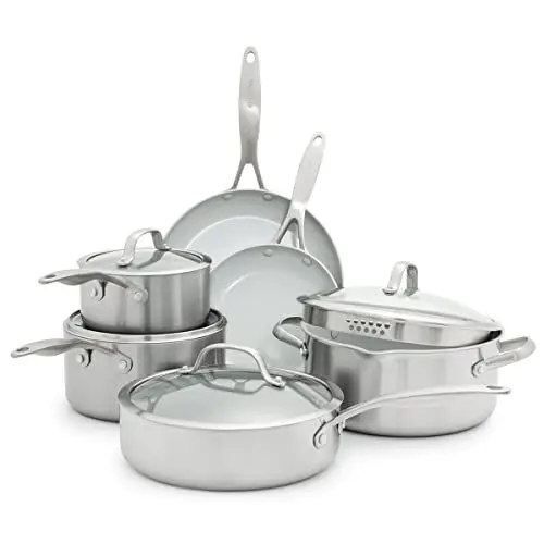 Produktbild: GreenPan Venice Pro Tri-Ply 10-teiliges Kochgeschirr Töpfe & Pfannen Set, Gesundes Antihaft-Kochgeschirr aus Edelstahl,Enthält Bratpfanne,Sautopf,PFAS-frei,Induktion,Spülmaschinen- und ofenfest,Silber