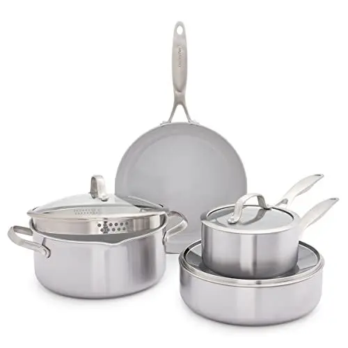 Produktbild: GreenPan Venice Tri-Ply 7-teiliges Kochgeschirr-Set, Kochtopf- und Pfannen-Set, Gesundes Antihaft-Kochgeschirr aus Edelstahl, PFAS-frei, Induktion, Spülmaschinenfest, Backofenfest, Silber
