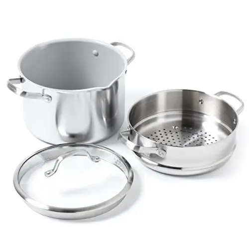 Produktbild: GreenPan Venice Pro Tri-Ply Edelstahl-Gesundheits-Keramik-Antihaft 24cm/7,6 L Mehrzweck-Kochtopf mit Dampfgarer/Siebeinsatz & Glasdeckel, PFAS-frei, Induktion, Spülmaschinen- und ofenfest, Silber