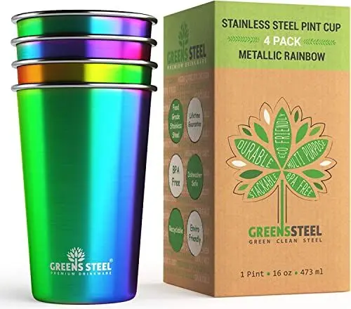 Produktbild: Greens Steel Edelstahlbecher - Regenbogen, 475ml I Stapelbares & wiederverwendbares Trinkset I für Büro, Zuhause, Reisen & Camping I Kratzfest, rutschfest, lichtbeständig