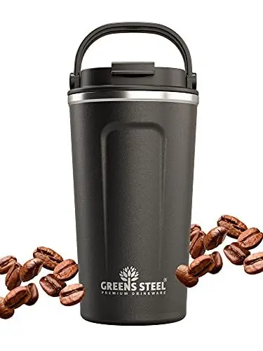Produktbild: Greens Steel Wiederverwendbarer Kaffeebecher To Go - 480 ml, Schwarz I Trinkbecher mit Deckel & Griff I Edelstahl Thermobecher für Heiß- & Kaltgetränke I Auslaufsicherer Mug für Tee, Kaffee I BPA-Frei