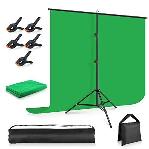 Produktbild: Greenscreen Hintergrund mit Ständer 1.5 x 2 m/5x6.5 ft, Foccalli Fotografie Hintergrund Ständer mit Chromakey Musselin-Hintergrund, 5 Backdrop-Clips und Sandsack