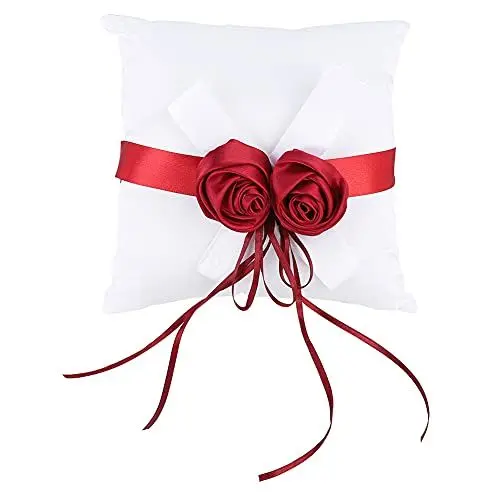 Produktbild: Greensen Hochzeit Ringkissen Ehering-Kissen Ringkissen mit Satinband und Rote Rose Wedding Ring Pillow für Anträge, Verlobungen oder Eheschließungen 20 x 20 cm