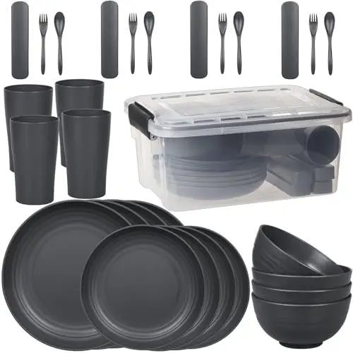 Produktbild: Greentainer Campinggeschirr aus Kunststoff (29pcs) | Unzerbrechliches Geschirrset mit Box & Besteck für 4 Person| Picknickgeschirr, Plastikgeschirr mit Tellerset, Schüssel, Becher Set für Outdoor,RV