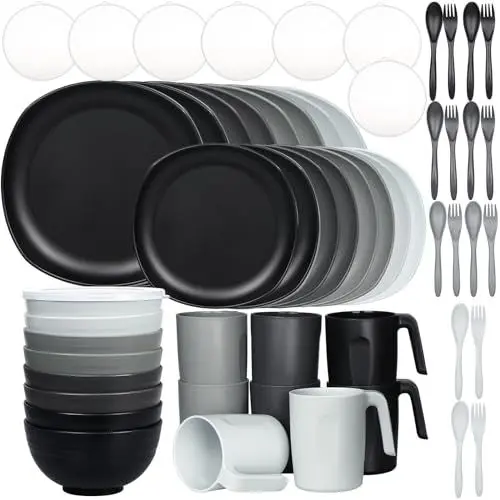 Produktbild: Greentainer Geschirrset aus PP| 56 pcs Geschirrservice mit Besteck für BBQ,RV, Party, Picknick, Camping,Tafel-Kombiservice mit 8 Speiseteller, 8 Dessertteller,8 Schüsseln,8 Tasse für 8 Personen