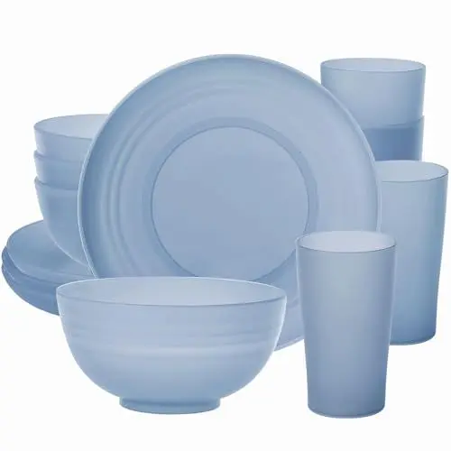 Produktbild: Greentainer Geschirrsets aus Kunststoff (12pcs) | Leichtes und Unzerbrechliches Komplett-Set,Tellerset, Schüsseln,Tassen,Tafel-Service für 4 Person（Blau)