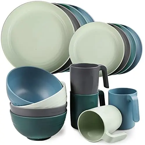 Produktbild: Greentainer Geschirrsets aus Kunststoff (16pcs) | Leichtes und Unzerbrechliches Komplett-Set,Tellerset, Schüsseln,Tassen,Tafel-Service für 4 Person, ideal für Kinder & Erwachsene Wiederverwendbar