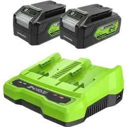 Produktbild: Greenworks 24V Akkus & Doppellader Ladegerät - Zwei 4Ah Batterien, wiederaufladbarer Akku für alle Greenworks 24V Geräte, 48W Output 4A Spannung lädt eine einzelne Batterie in 60 Min - G24B4 & G24X2C