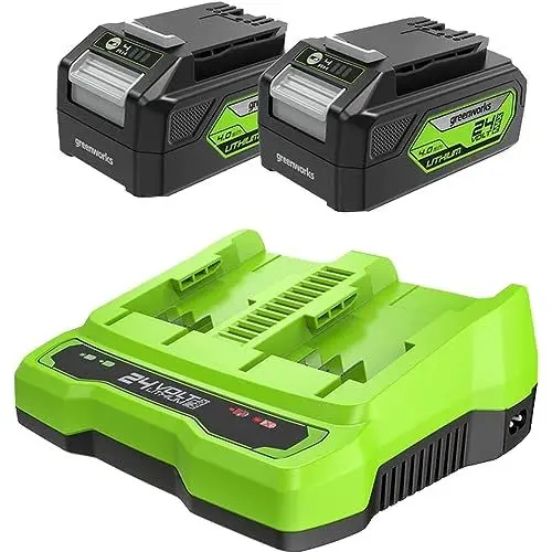 Produktbild: Greenworks 24V Akkus & Doppellader Ladegerät - Zwei 4Ah Batterien, wiederaufladbarer Akku für alle Greenworks 24V Geräte, 48W Output 4A Spannung lädt eine einzelne Batterie in 60 Min - G24B4 & G24X2C