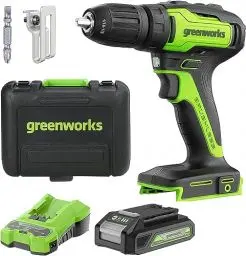 Produktbild: Greenworks 24 V Akku-Bohrschrauber, 35 Nm, Bürstenloser Motor, 18 Stufen Drehmomentstufen, 13 mm-Bohrfutter, 2-Gang-Getriebe, inkl. 2 Ah Akku und ladegerät, Koffer