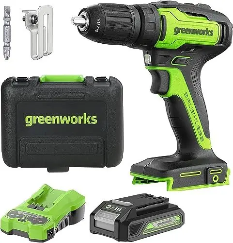 Produktbild: Greenworks 24 V Akku-Bohrschrauber, 35 Nm, Bürstenloser Motor, 18 Stufen Drehmomentstufen, 13 mm-Bohrfutter, 2-Gang-Getriebe, inkl. 2 Ah Akku und ladegerät, Koffer