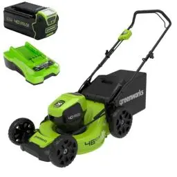 Produktbild: Greenworks 40V Akku Rasenmäher GD40LM46HPK4, Schnitt 46 cm, Bürstenloser Motor, 55L Grassack, 7 verstellbare Höhen, mit 1 Akku 4 Ah und 1 Ladegerät