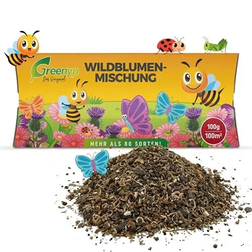 Produktbild: Greenyp Wildblumenmischung I für bis zu 100m² I 100g I Wildblumensamen - insektenfreundliche Blumenmischung für Bienen I Saatgut für eine bunte Wilde Weide I Blumensamen Mischung ein- und mehrjährig