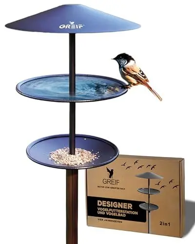Produktbild: GREIF Vogelhaus mit Ständer Wetterfest - Vogelfutterstation mit Vogeltränke (2in1) Beschichtetes Carbon Stahl | Modernes Futterhaus für Vögel Vogelfutterhaus mit Ständer Vogelhäuschen Holz-Optik