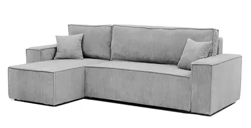 Produktbild: GREKPOL 244x145 Sofa mit Schlaffunktion (200x125) - Cord Sofa 3 Sitzer - Hellgrau Ecksofa mit Schlaffunktion und Bettkasten - Schlafsofa mit Bettkasten - Couch