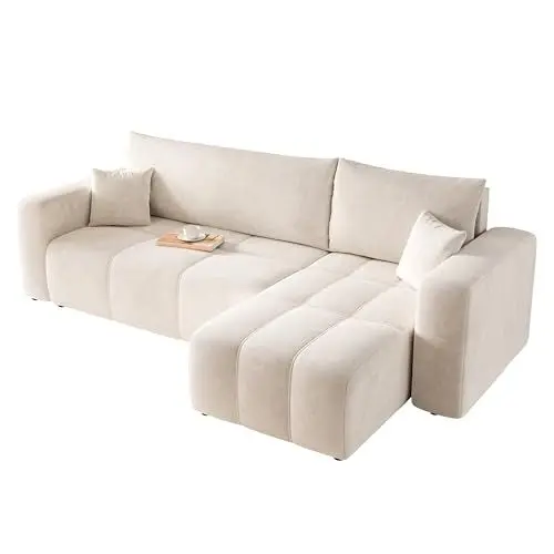 Produktbild: GREKPOL Sofa mit Schlaffunktion 145x248 - Beige Ecksofa mit Schlaffunktion und Bettkasten - Sofa 3 Sitzer - Schlafsofa - Couch - Schlafsofa mit Bettkasten