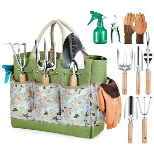 Produktbild: Grenebo Gartenwerkzeug Set,9 Stück Garten Werkzeug mit Gartengeräte Organizer Handtasche, Stabil Gartengeräte Set, Ideale Gartengeschenke für Frauen für Gartenliebhaber geeignet.